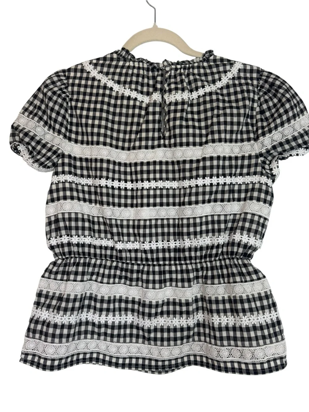J. Crew Daisy Chain Black & White Gingham Smocked Waist Short Sleeve XS Top